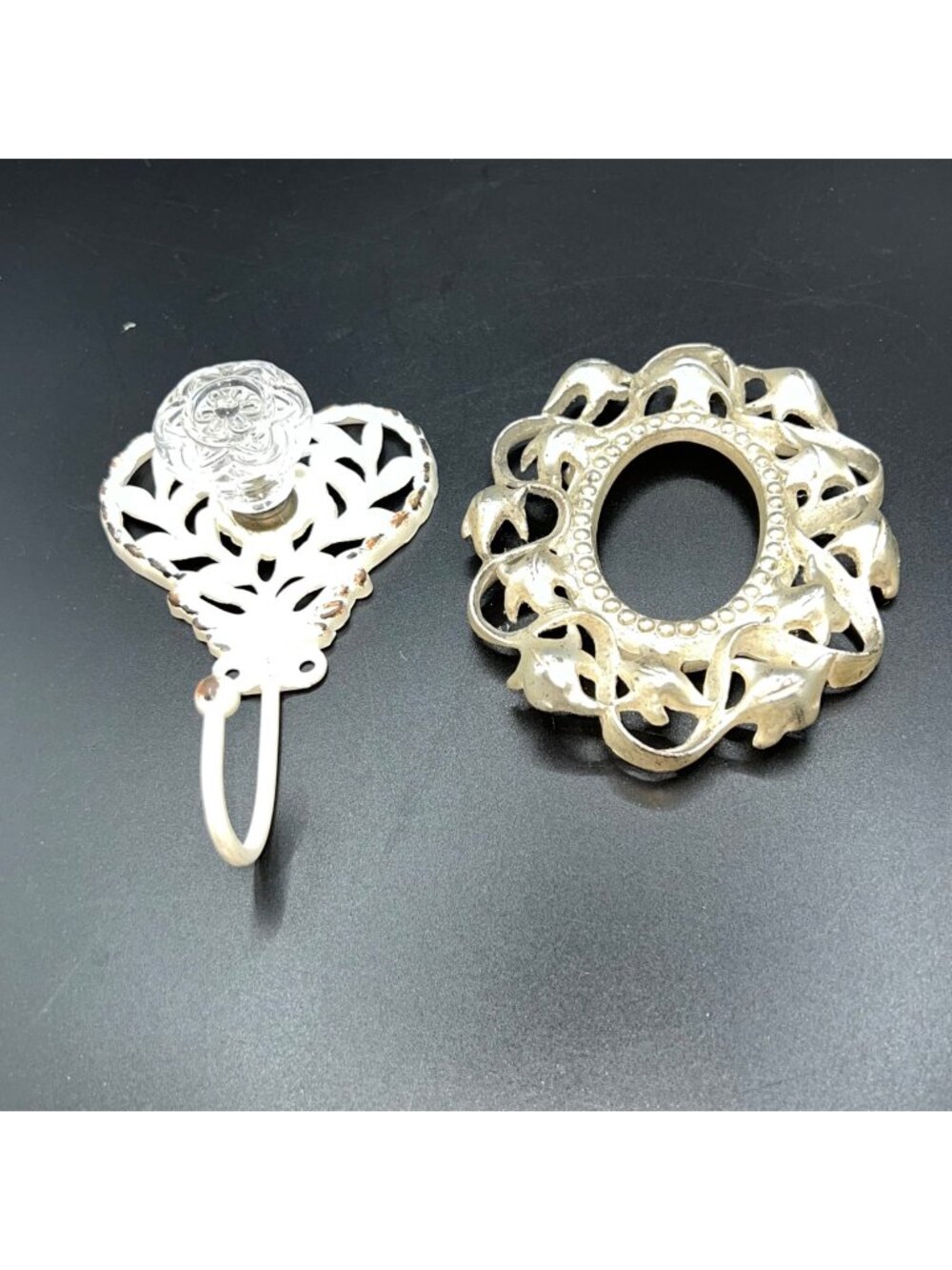 Vintage Heart Hook With Glass Knob Ornate Metal Frame Shabby Chic vignette piece